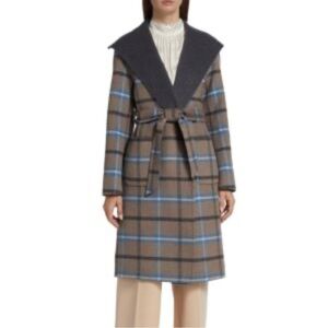 NEW Elie Tahari Wallace Plaid Wrap Coat Gray Wool Fox Hare Silk Size Large